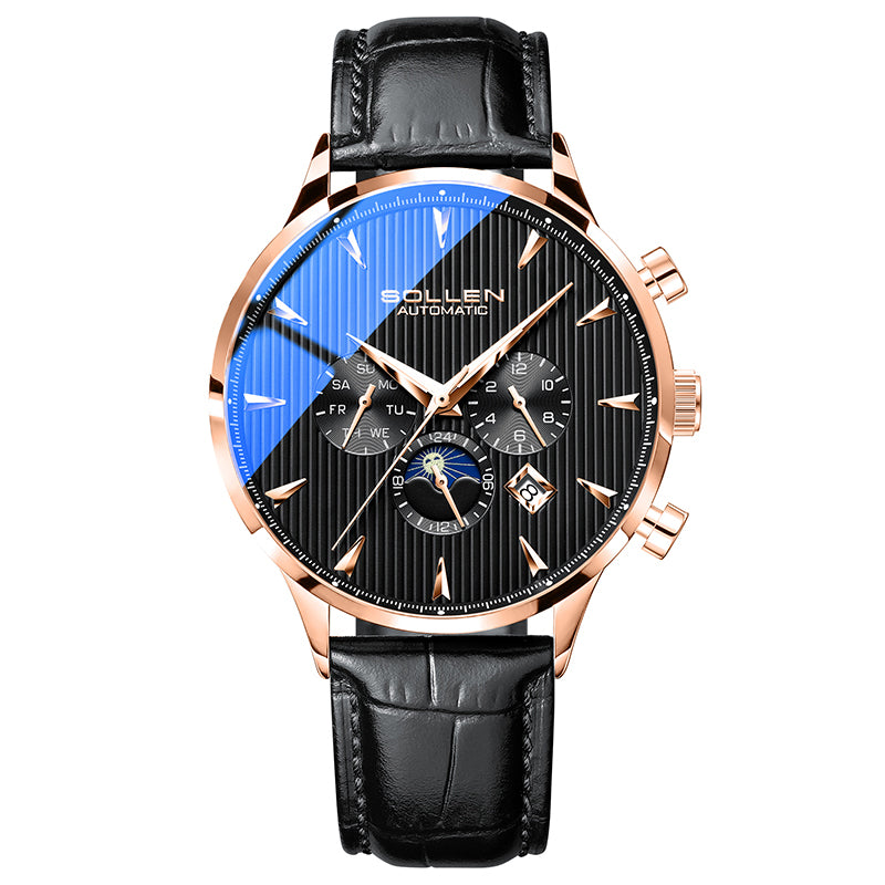Sollen SL303 Men's Multi-Function Automatic Mechanical Watch - 41.5mm Stainless Steel Case Sun & Moon Phase Calendar Dial Wristwatch