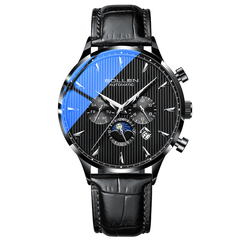 Sollen SL303 Men's Multi-Function Automatic Mechanical Watch - 41.5mm Stainless Steel Case Sun & Moon Phase Calendar Dial Wristwatch