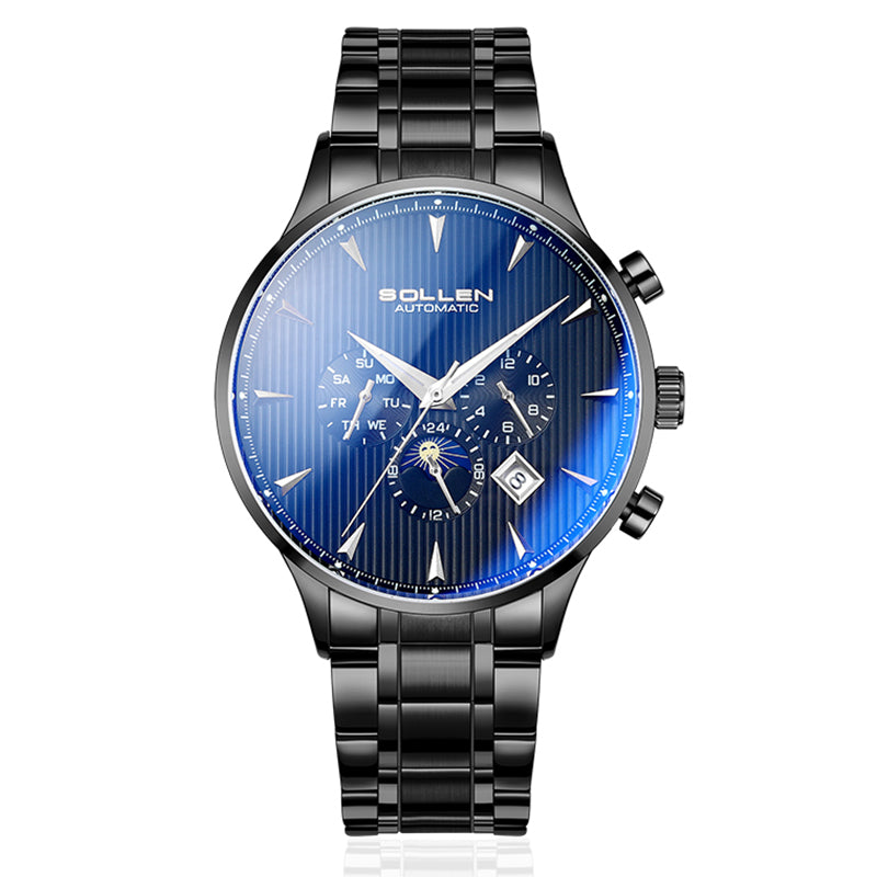 Sollen SL303 Men's Multi-Function Automatic Mechanical Watch - 41.5mm Stainless Steel Case Sun & Moon Phase Calendar Dial Wristwatch
