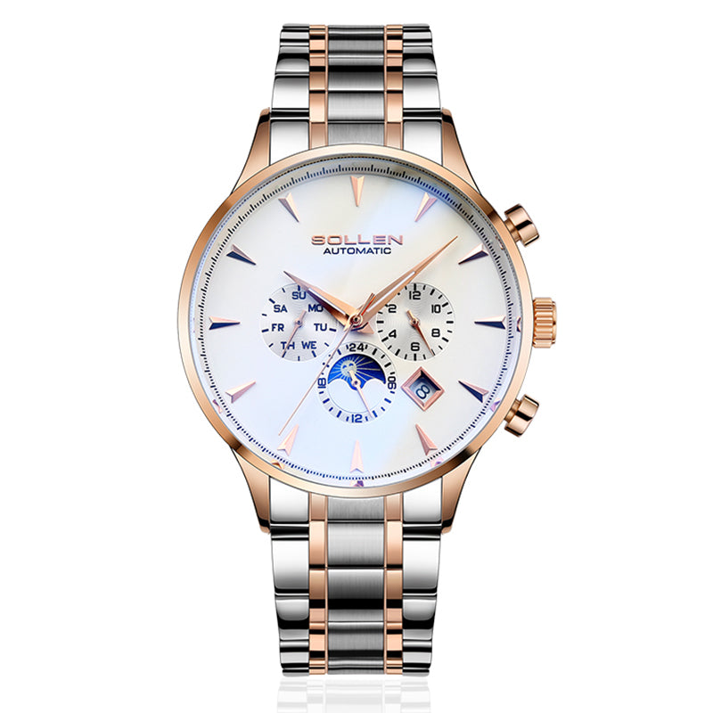 Sollen SL303 Men's Multi-Function Automatic Mechanical Watch - 41.5mm Stainless Steel Case Sun & Moon Phase Calendar Dial Wristwatch