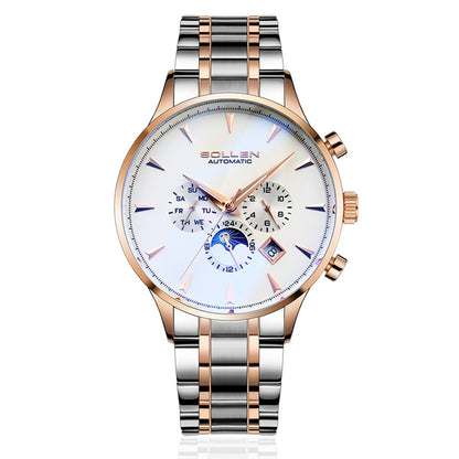 Sollen SL303 Men's Multi-Function Automatic Mechanical Watch - 41.5mm Stainless Steel Case Sun & Moon Phase Calendar Dial Wristwatch