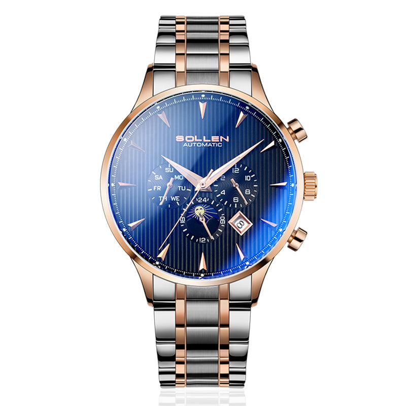 Sollen SL303 Men's Multi-Function Automatic Mechanical Watch - 41.5mm Stainless Steel Case Sun & Moon Phase Calendar Dial Wristwatch