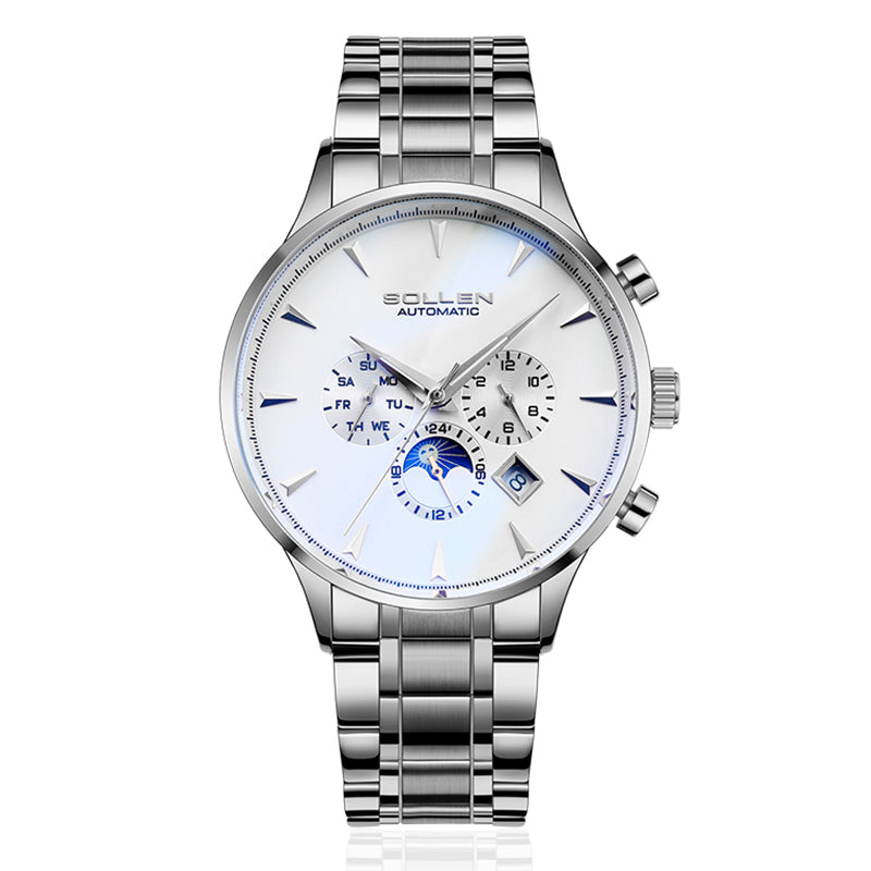 Sollen SL303 Men's Multi-Function Automatic Mechanical Watch - 41.5mm Stainless Steel Case Sun & Moon Phase Calendar Dial Wristwatch