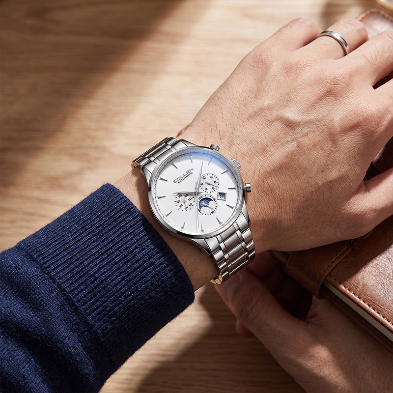 Sollen SL303 Men's Multi-Function Automatic Mechanical Watch - 41.5mm Stainless Steel Case Sun & Moon Phase Calendar Dial Wristwatch