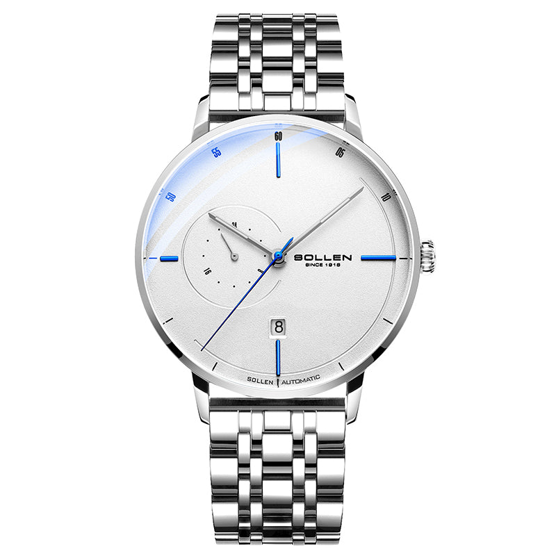 Sollen SL305 Men's Minimalist Automatic Mechanical Watch - 42mm Stainless Steel Case Slim 9.9mm 24H Subdial Date Window Wristwatch