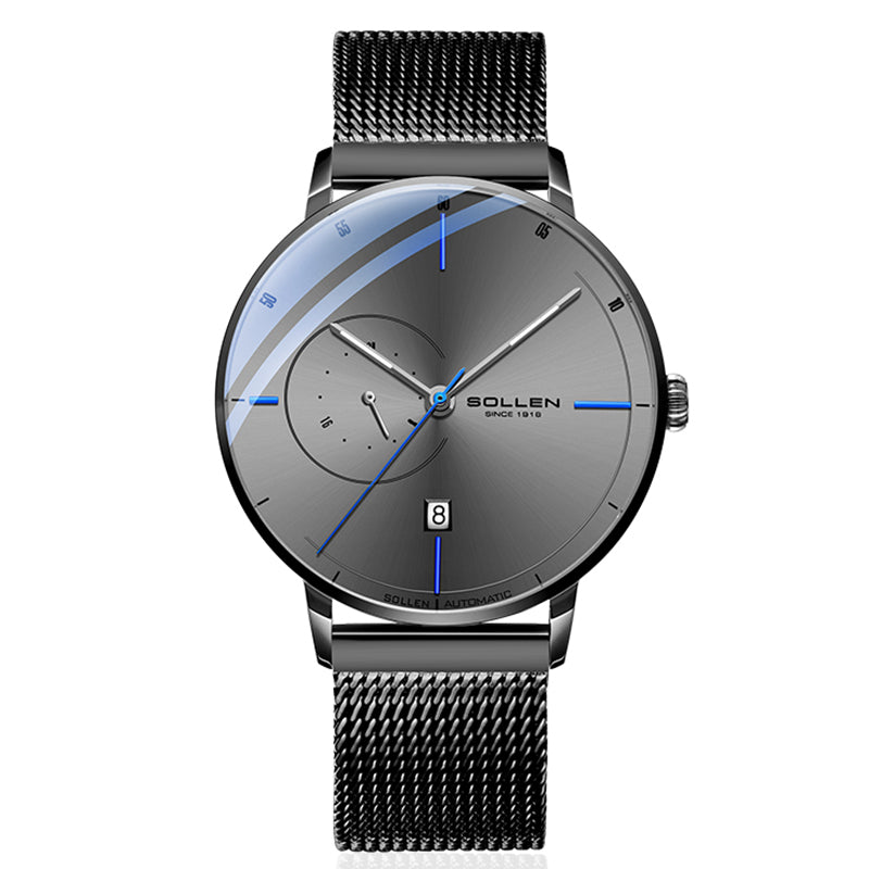 Sollen SL305 Men's Minimalist Automatic Mechanical Watch - 42mm Stainless Steel Case Slim 9.9mm 24H Subdial Date Window Wristwatch