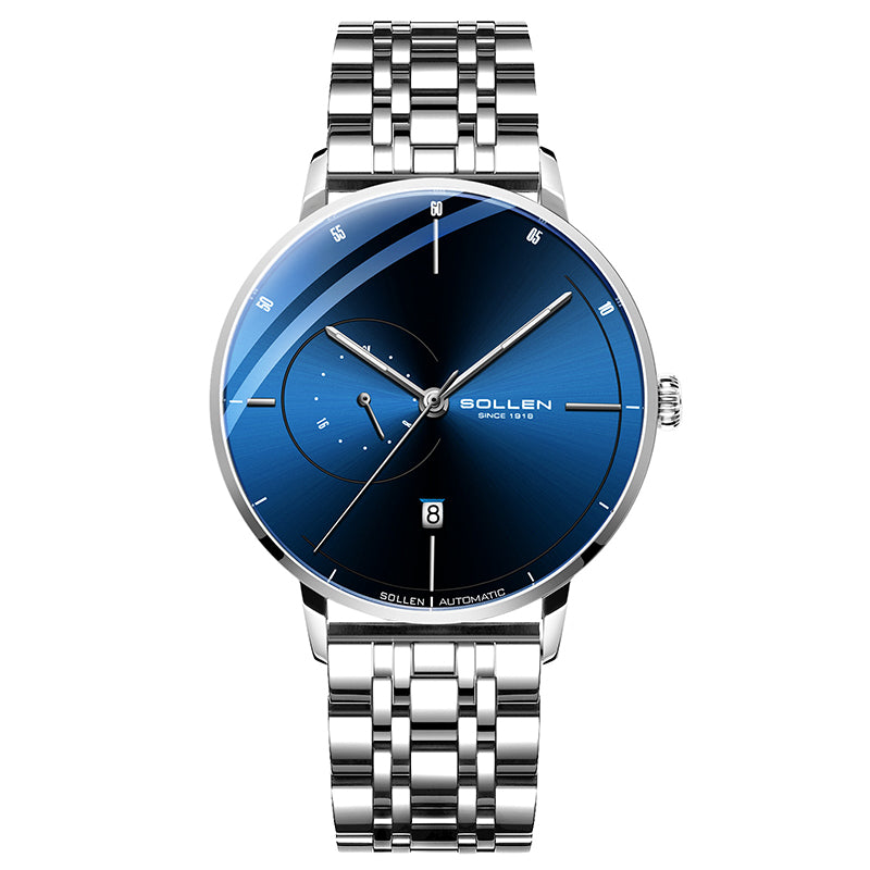 Sollen SL305 Men's Minimalist Automatic Mechanical Watch - 42mm Stainless Steel Case Slim 9.9mm 24H Subdial Date Window Wristwatch