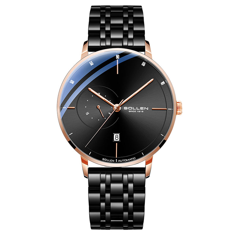 Sollen SL305 Men's Minimalist Automatic Mechanical Watch - 42mm Stainless Steel Case Slim 9.9mm 24H Subdial Date Window Wristwatch