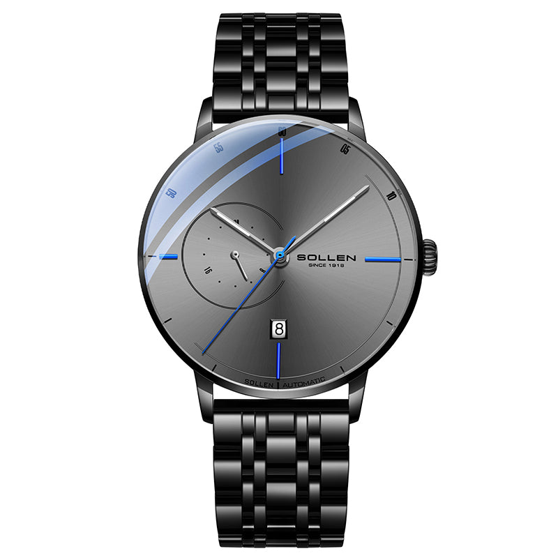 Sollen SL305 Men's Minimalist Automatic Mechanical Watch - 42mm Stainless Steel Case Slim 9.9mm 24H Subdial Date Window Wristwatch