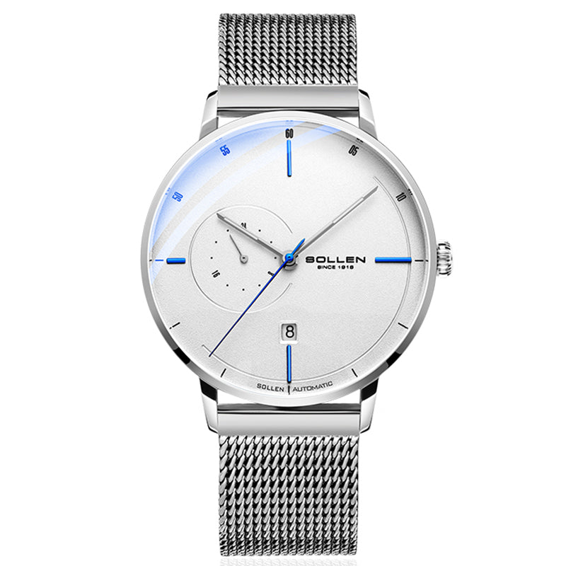 Sollen SL305 Men's Minimalist Automatic Mechanical Watch - 42mm Stainless Steel Case Slim 9.9mm 24H Subdial Date Window Wristwatch