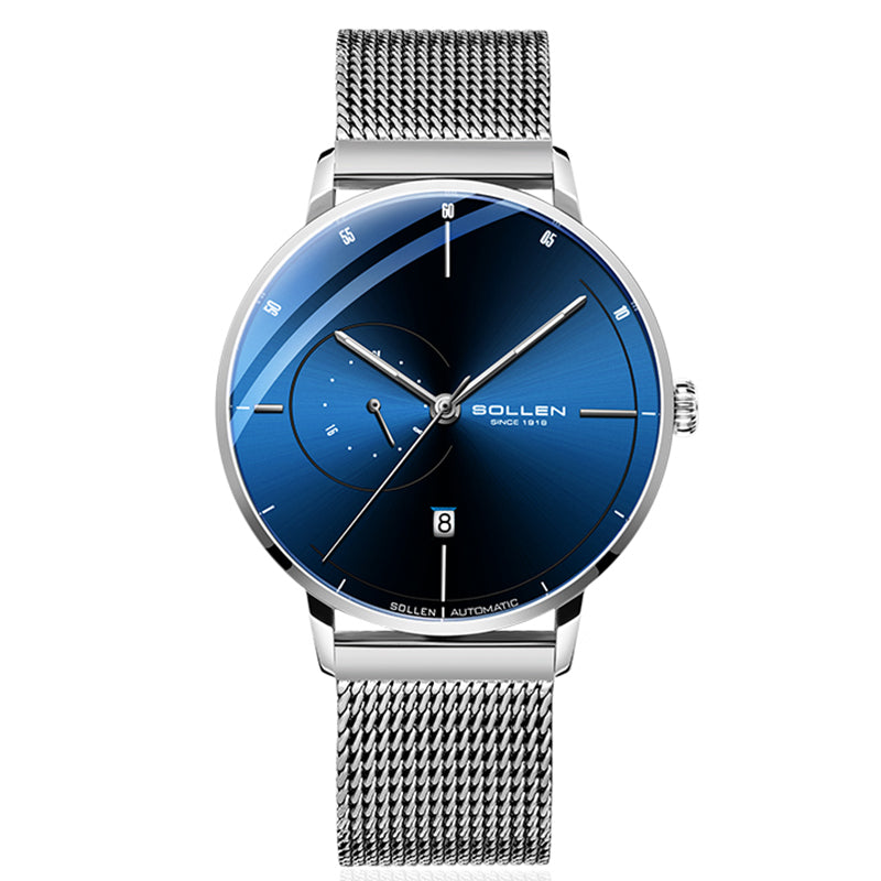 Sollen SL305 Men's Minimalist Automatic Mechanical Watch - 42mm Stainless Steel Case Slim 9.9mm 24H Subdial Date Window Wristwatch
