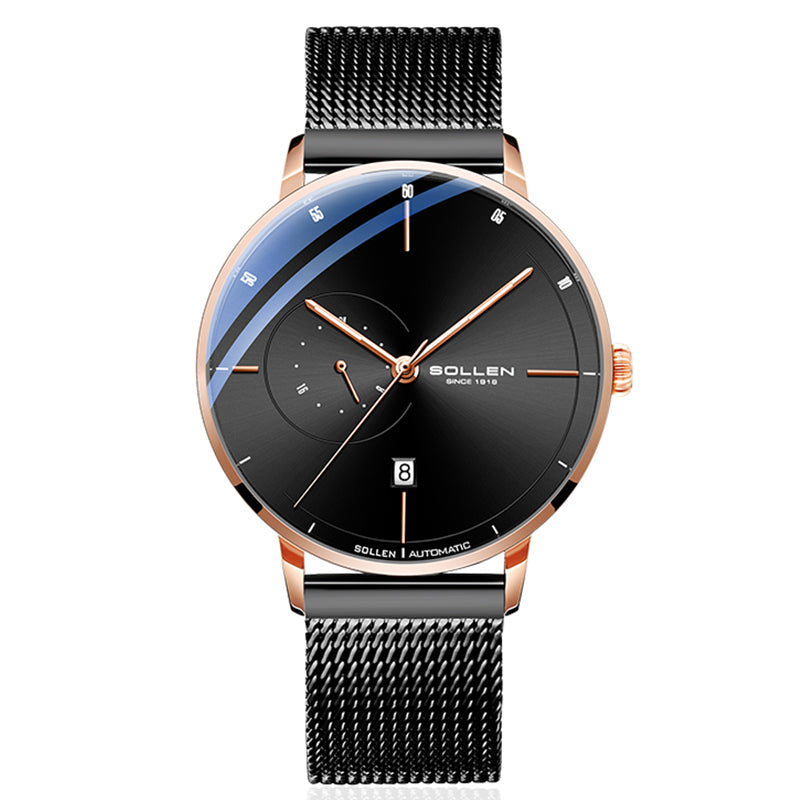 Sollen SL305 Men's Minimalist Automatic Mechanical Watch - 42mm Stainless Steel Case Slim 9.9mm 24H Subdial Date Window Wristwatch