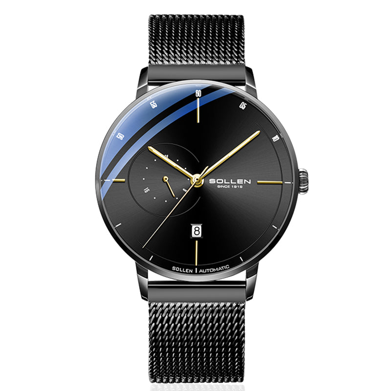 Sollen SL305 Men's Minimalist Automatic Mechanical Watch - 42mm Stainless Steel Case Slim 9.9mm 24H Subdial Date Window Wristwatch
