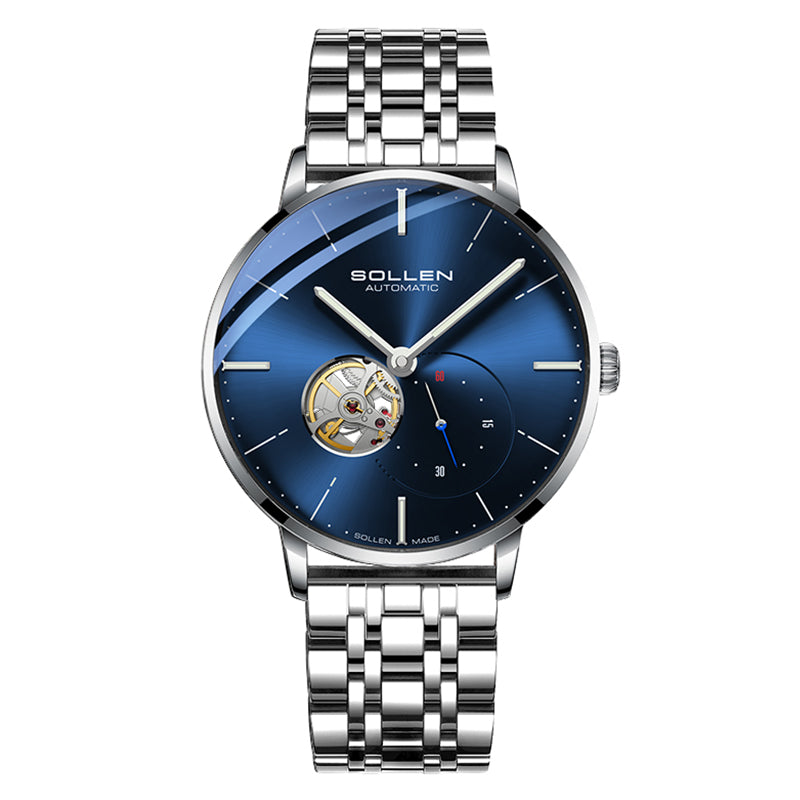 Sollen SL305X Men's Open Heart Automatic Mechanical Watch - 42mm Stainless Steel Case Slim 9.9mm Small Seconds Minimalist Dial Wristwatch
