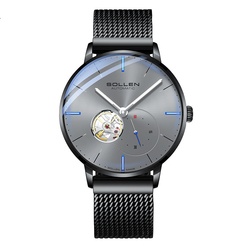 Sollen SL305X Men's Open Heart Automatic Mechanical Watch - 42mm Stainless Steel Case Slim 9.9mm Small Seconds Minimalist Dial Wristwatch