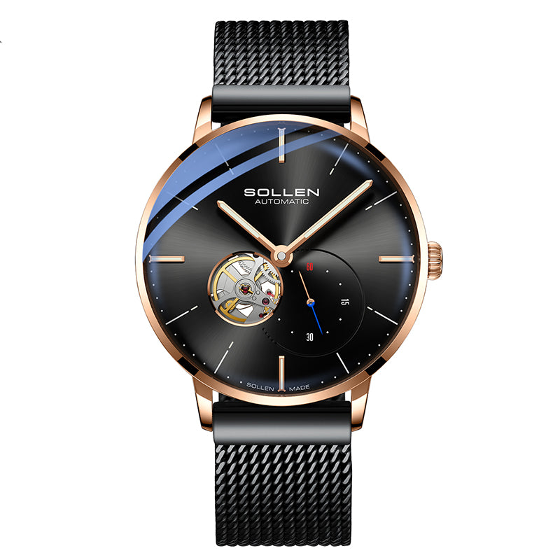 Sollen SL305X Men's Open Heart Automatic Mechanical Watch - 42mm Stainless Steel Case Slim 9.9mm Small Seconds Minimalist Dial Wristwatch