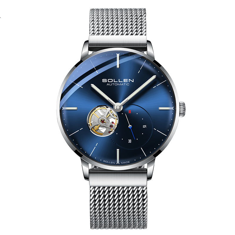 Sollen SL305X Men's Open Heart Automatic Mechanical Watch - 42mm Stainless Steel Case Slim 9.9mm Small Seconds Minimalist Dial Wristwatch