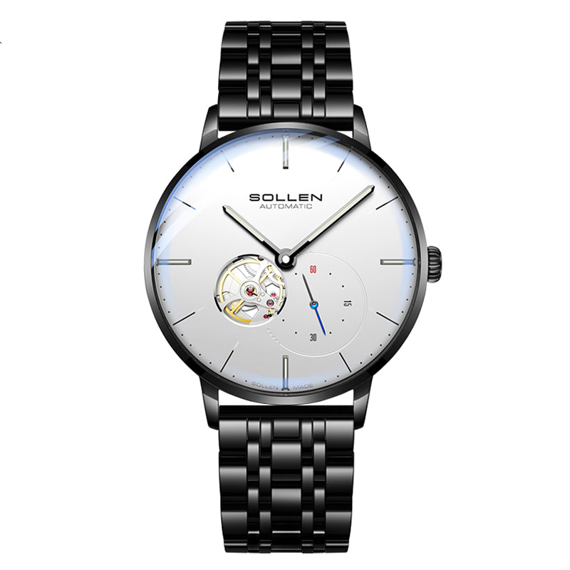 Sollen SL305X Men's Open Heart Automatic Mechanical Watch - 42mm Stainless Steel Case Slim 9.9mm Small Seconds Minimalist Dial Wristwatch