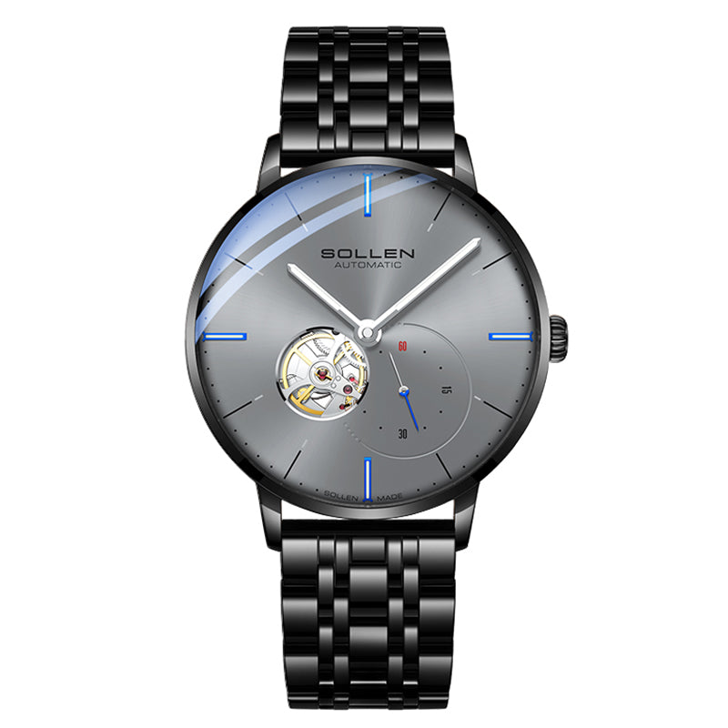 Sollen SL305X Men's Open Heart Automatic Mechanical Watch - 42mm Stainless Steel Case Slim 9.9mm Small Seconds Minimalist Dial Wristwatch