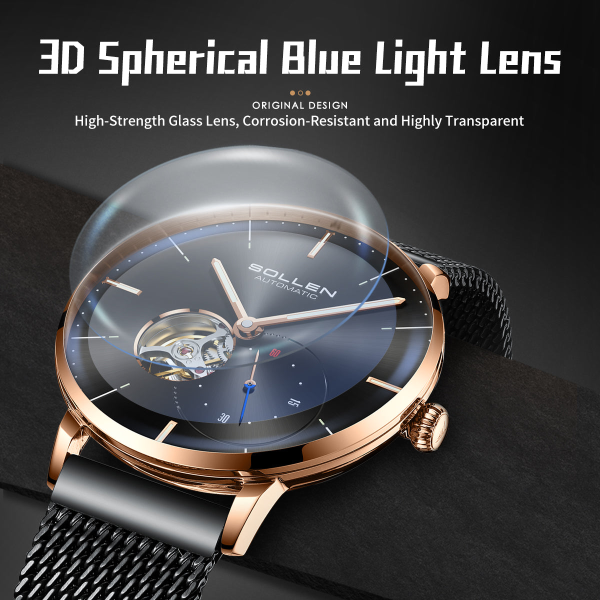 Sollen SL305X Men's Open Heart Automatic Mechanical Watch - 42mm Stainless Steel Case Slim 9.9mm Small Seconds Minimalist Dial Wristwatch