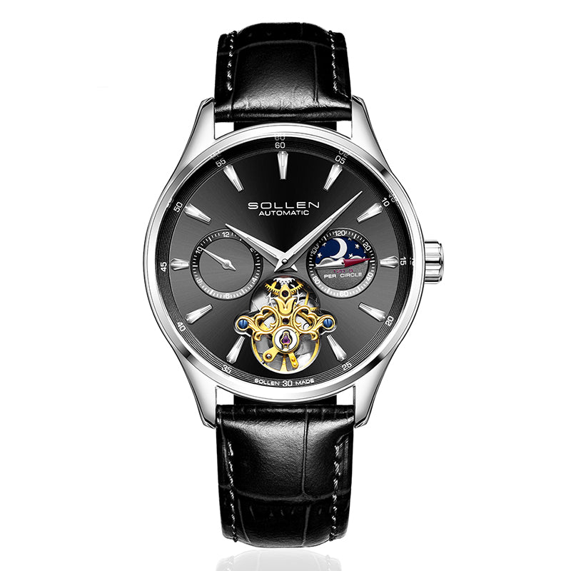 Sollen SL306 Men's Open Heart Automatic Mechanical Watch - 41mm Stainless Steel Case Moon Phase Dual Time Luminous Dial Wristwatch