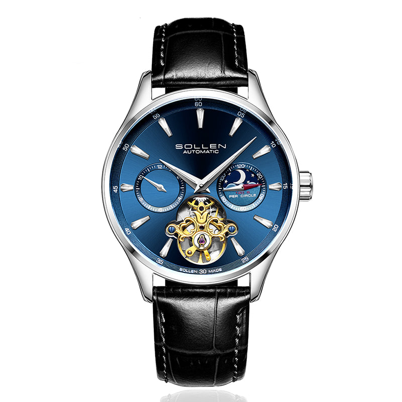 Sollen SL306 Men's Open Heart Automatic Mechanical Watch - 41mm Stainless Steel Case Moon Phase Dual Time Luminous Dial Wristwatch