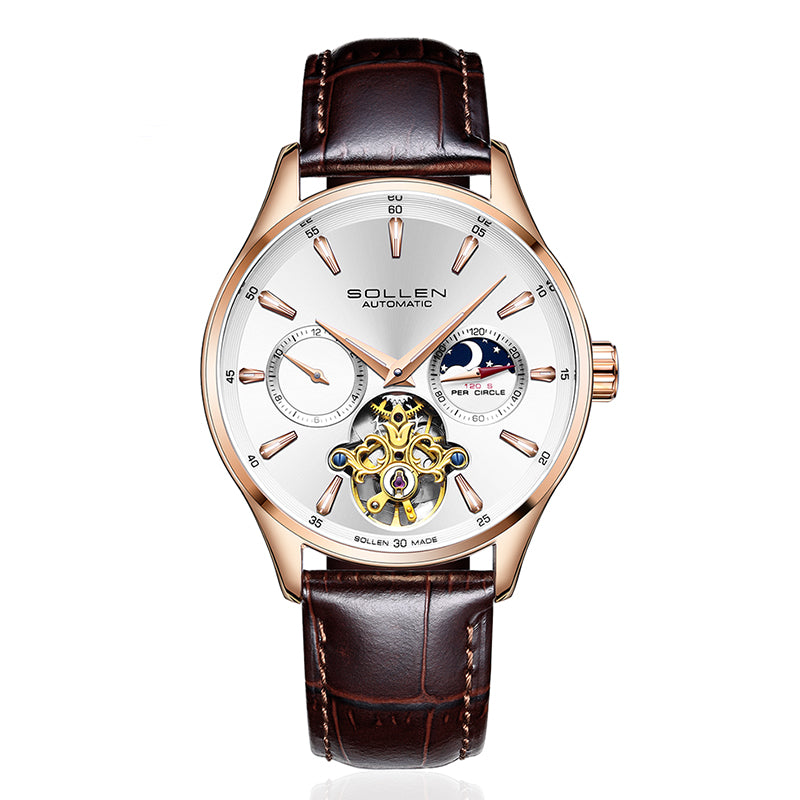 Sollen SL306 Men's Open Heart Automatic Mechanical Watch - 41mm Stainless Steel Case Moon Phase Dual Time Luminous Dial Wristwatch