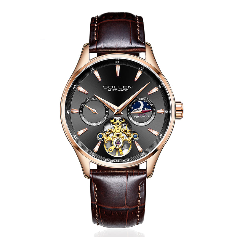 Sollen SL306 Men's Open Heart Automatic Mechanical Watch - 41mm Stainless Steel Case Moon Phase Dual Time Luminous Dial Wristwatch