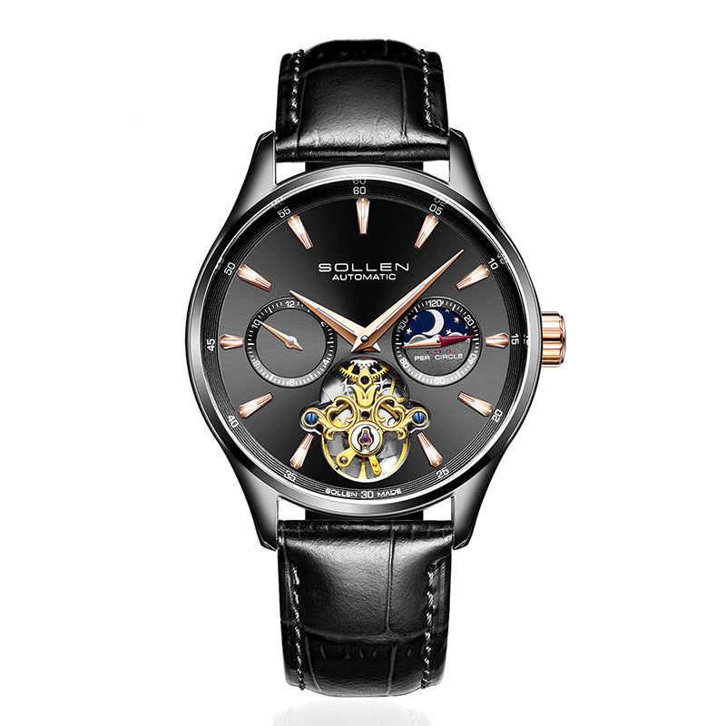 Sollen SL306 Men's Open Heart Automatic Mechanical Watch - 41mm Stainless Steel Case Moon Phase Dual Time Luminous Dial Wristwatch