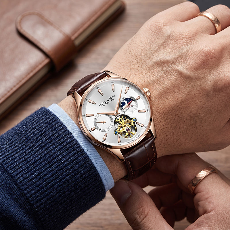 Sollen SL306 Men's Open Heart Automatic Mechanical Watch - 41mm Stainless Steel Case Moon Phase Dual Time Luminous Dial Wristwatch