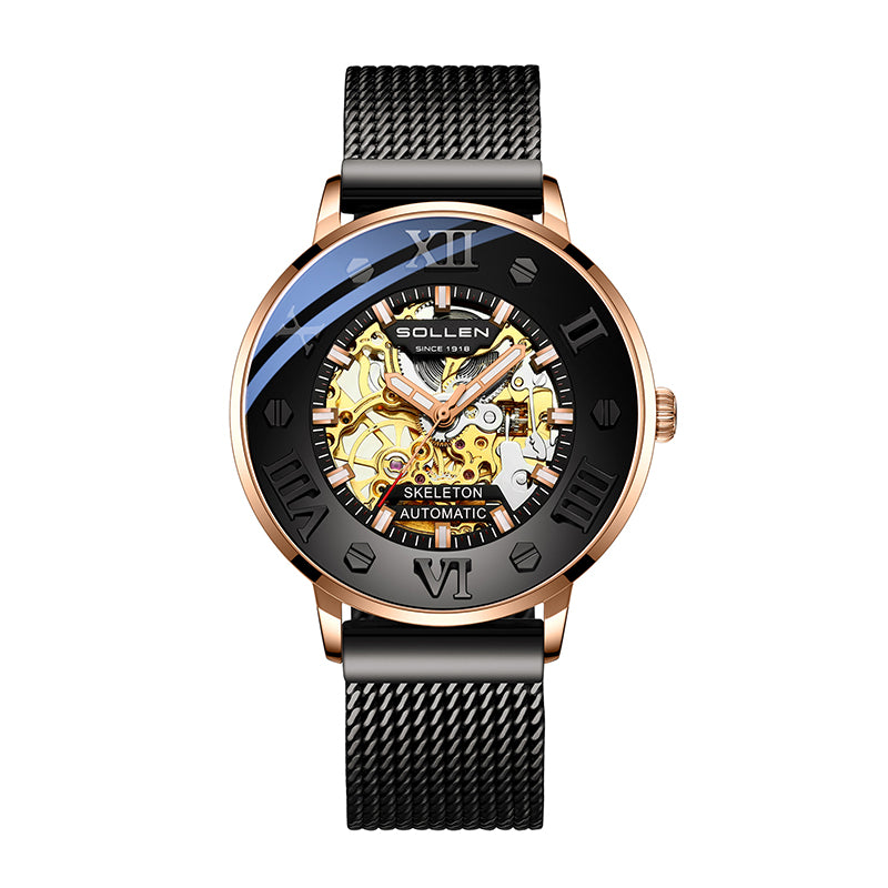 Sollen SL307 Men's Full Skeleton Automatic Mechanical Watch - 42mm Stainless Steel Case Slim 9.9mm Roman Numeral Bezel Mesh Bracelet Wristwatch