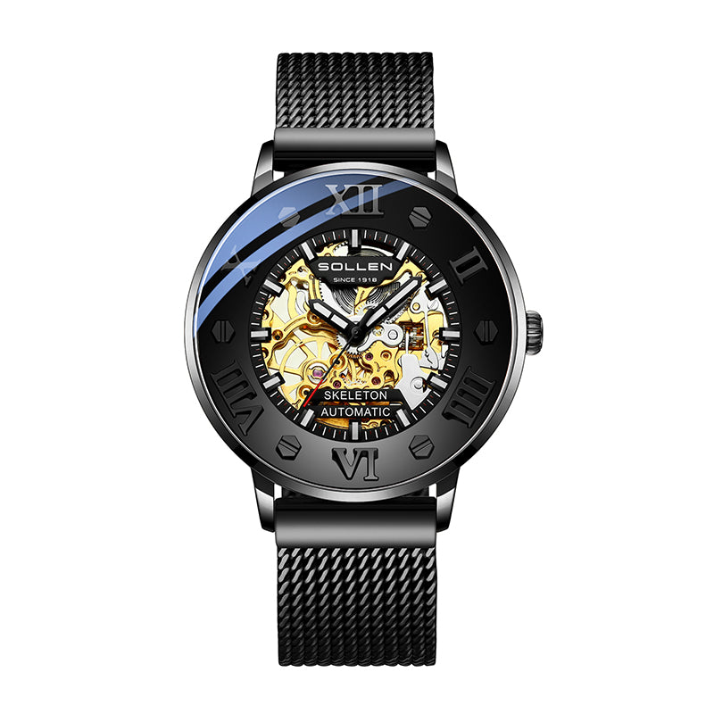Sollen SL307 Men's Full Skeleton Automatic Mechanical Watch - 42mm Stainless Steel Case Slim 9.9mm Roman Numeral Bezel Mesh Bracelet Wristwatch