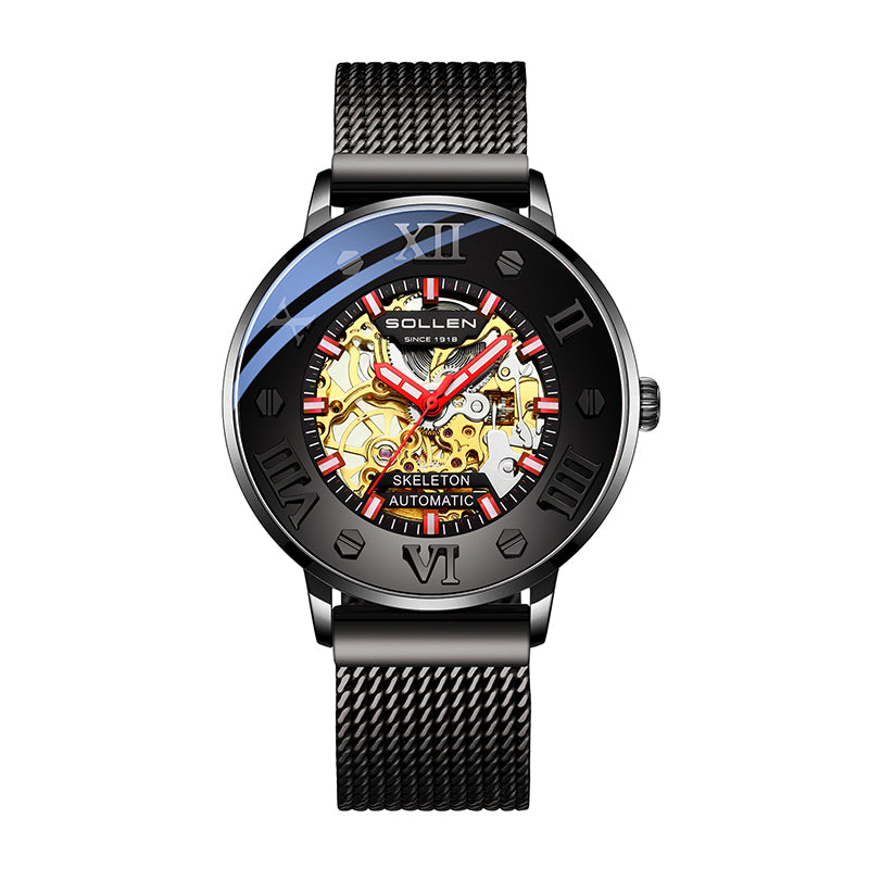 Sollen SL307 Men's Full Skeleton Automatic Mechanical Watch - 42mm Stainless Steel Case Slim 9.9mm Roman Numeral Bezel Mesh Bracelet Wristwatch