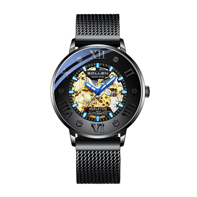 Sollen SL307 Men's Full Skeleton Automatic Mechanical Watch - 42mm Stainless Steel Case Slim 9.9mm Roman Numeral Bezel Mesh Bracelet Wristwatch