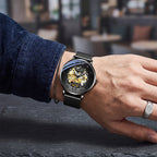Sollen SL307 Men's Full Skeleton Automatic Mechanical Watch - 42mm Stainless Steel Case Slim 9.9mm Roman Numeral Bezel Mesh Bracelet Wristwatch