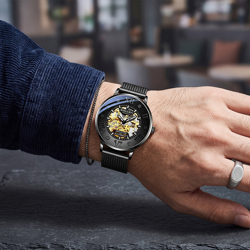 Sollen SL307 Men's Full Skeleton Automatic Mechanical Watch - 42mm Stainless Steel Case Slim 9.9mm Roman Numeral Bezel Mesh Bracelet Wristwatch