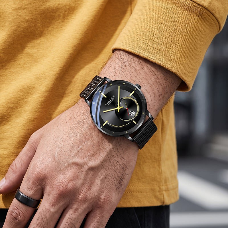 Sollen SL309 Men's Minimalist Automatic Mechanical Watch - 42mm Stainless Steel Case Slim 9.9mm Small Seconds Date Window Mesh Bracelet Wristwatch