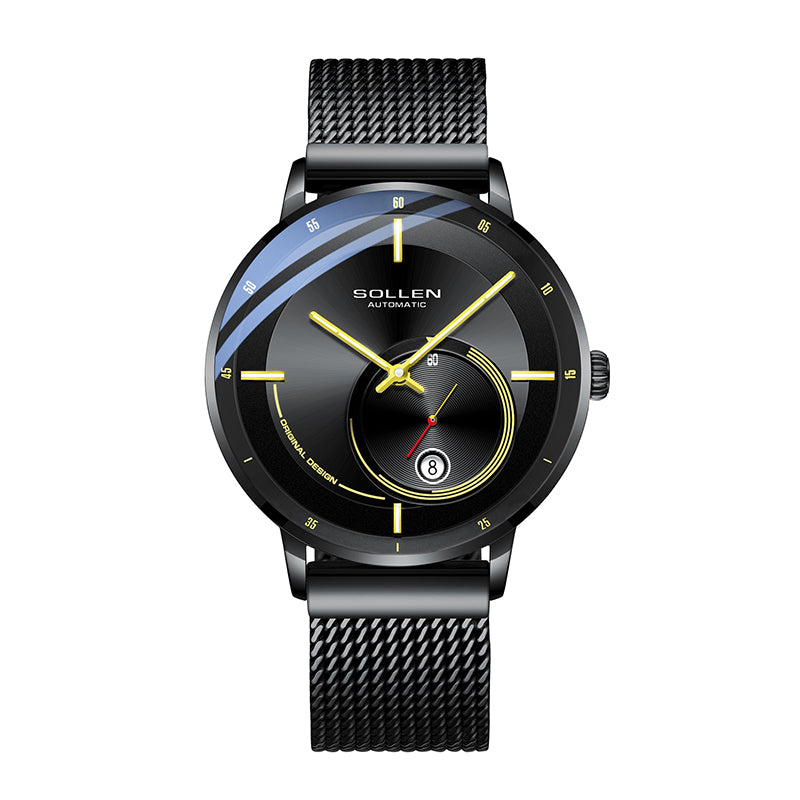 Sollen SL309 Men's Minimalist Automatic Mechanical Watch - 42mm Stainless Steel Case Slim 9.9mm Small Seconds Date Window Mesh Bracelet Wristwatch