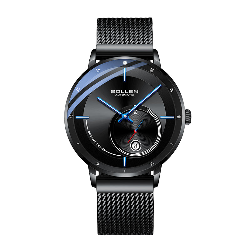 Sollen SL309 Men's Minimalist Automatic Mechanical Watch - 42mm Stainless Steel Case Slim 9.9mm Small Seconds Date Window Mesh Bracelet Wristwatch