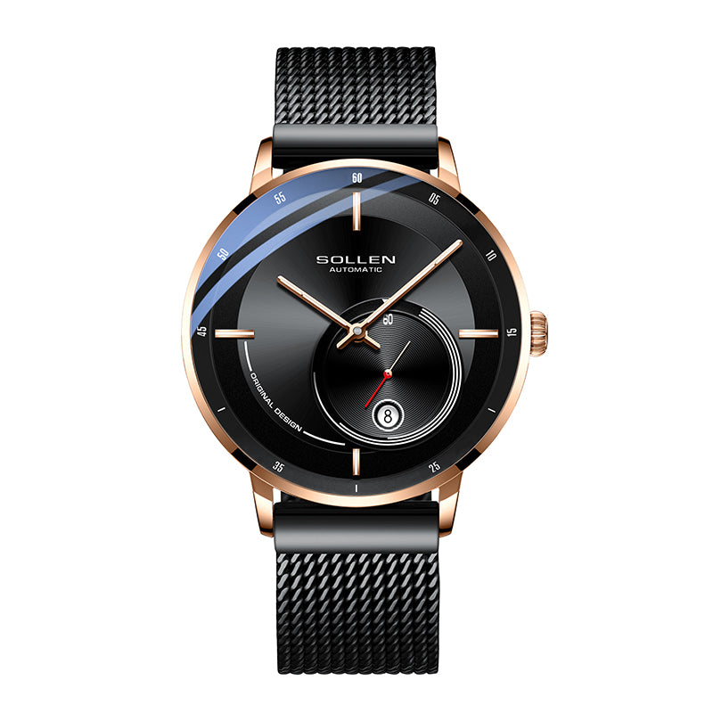 Sollen SL309 Men's Minimalist Automatic Mechanical Watch - 42mm Stainless Steel Case Slim 9.9mm Small Seconds Date Window Mesh Bracelet Wristwatch
