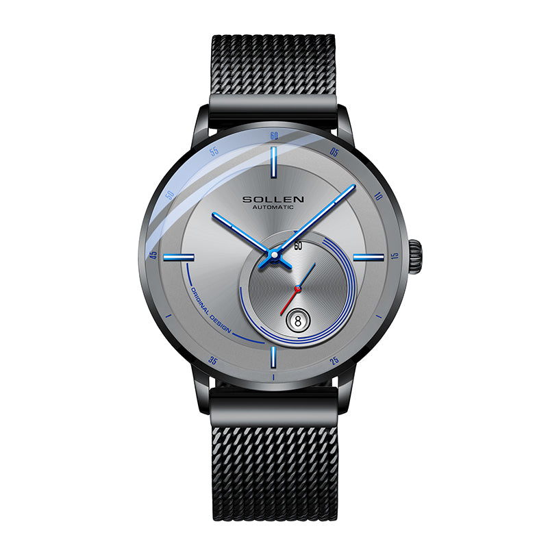 Sollen SL309 Men's Minimalist Automatic Mechanical Watch - 42mm Stainless Steel Case Slim 9.9mm Small Seconds Date Window Mesh Bracelet Wristwatch