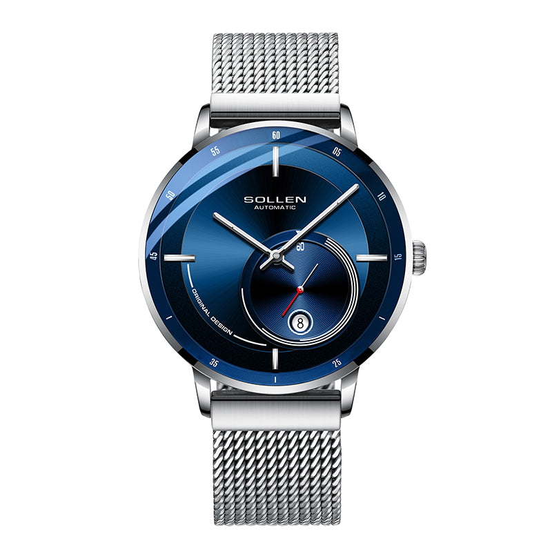 Sollen SL309 Men's Minimalist Automatic Mechanical Watch - 42mm Stainless Steel Case Slim 9.9mm Small Seconds Date Window Mesh Bracelet Wristwatch
