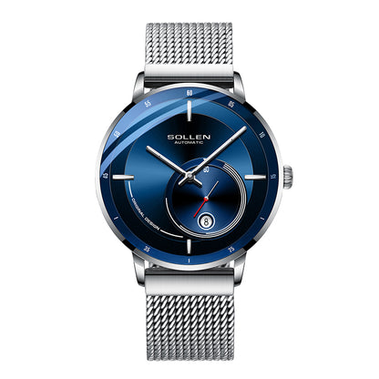 Sollen SL309 Men's Minimalist Automatic Mechanical Watch - 42mm Stainless Steel Case Slim 9.9mm Small Seconds Date Window Mesh Bracelet Wristwatch