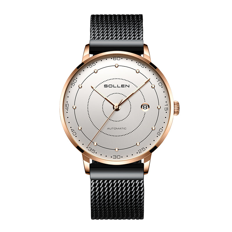 Sollen SL312 Men's Classic Automatic Mechanical Watch - 42mm Stainless Steel Case Slim 9.9mm Luminous Dot Markers Date Window Mesh Bracelet Wristwatch
