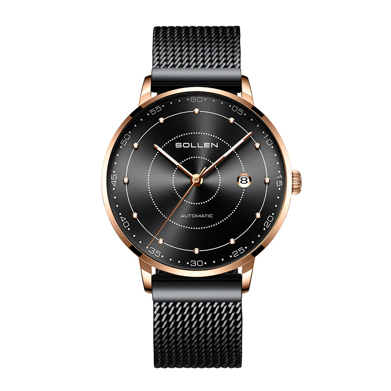 Sollen SL312 Men's Classic Automatic Mechanical Watch - 42mm Stainless Steel Case Slim 9.9mm Luminous Dot Markers Date Window Mesh Bracelet Wristwatch