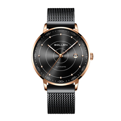 Sollen SL312 Men's Classic Automatic Mechanical Watch - 42mm Stainless Steel Case Slim 9.9mm Luminous Dot Markers Date Window Mesh Bracelet Wristwatch