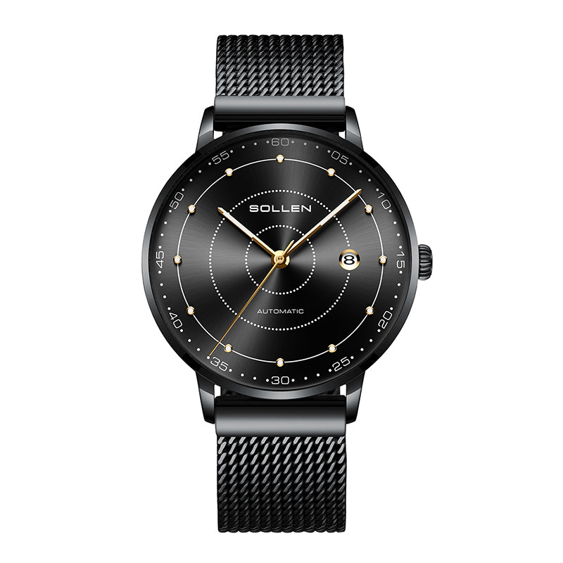 Sollen SL312 Men's Classic Automatic Mechanical Watch - 42mm Stainless Steel Case Slim 9.9mm Luminous Dot Markers Date Window Mesh Bracelet Wristwatch