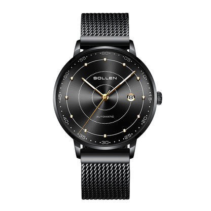 Sollen SL312 Men's Classic Automatic Mechanical Watch - 42mm Stainless Steel Case Slim 9.9mm Luminous Dot Markers Date Window Mesh Bracelet Wristwatch