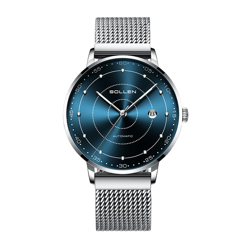 Sollen SL312 Men's Classic Automatic Mechanical Watch - 42mm Stainless Steel Case Slim 9.9mm Luminous Dot Markers Date Window Mesh Bracelet Wristwatch