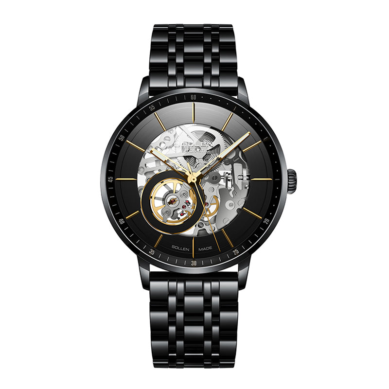 Sollen SL316 Men's Open Heart Full Skeleton Automatic Mechanical Watch - 42mm Stainless Steel Case Slim 9.9mm Acrylic Dial Wristwatch